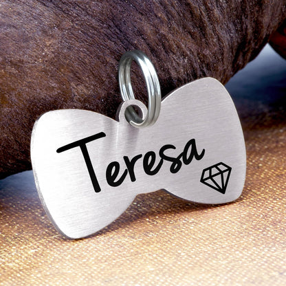 Ultra Joys Cat ID Tag Personalized Pet Tags, Durable Stainless Steel Small Pet Mini Dog Cat Tag Lightweight - Bowtie Tag in Silver
