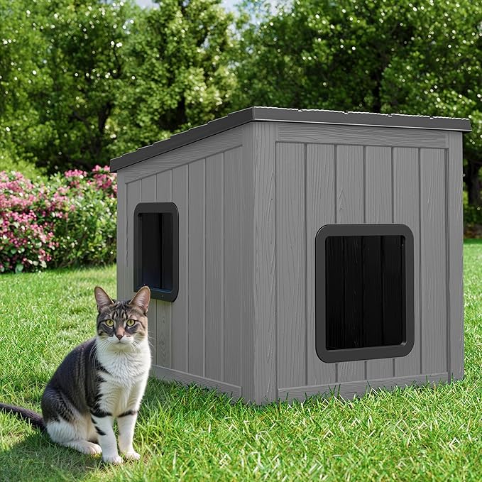 KAMABOKO Outdoor Cat House, Outside Multiple Kitty Feral Cat Houses, Weatherproof Shelter for Ferrel Cats and Dogs, Durable PP Material, Sloping Roof (Gray & Black)