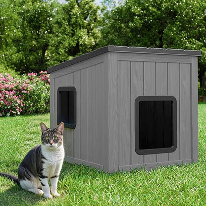 KAMABOKO Outdoor Cat House, Outside Multiple Kitty Feral Cat Houses, Weatherproof Shelter for Ferrel Cats and Dogs, Durable PP Material, Sloping Roof (Gray & Black)