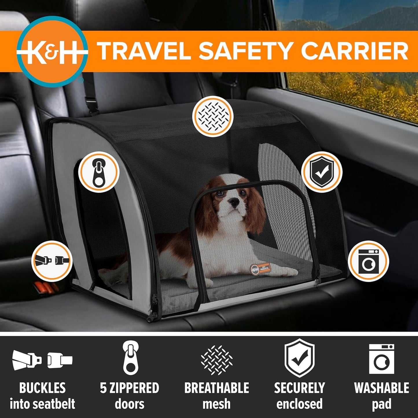 K&H Pet Products Enclosed Dog Car Seat, Travel Safety Carrier for Pets, Dog Travel Car Seat, Soft-Sided Covered Cat Carrier, Washable Pad, Multiple Entrances, Mesh Windows - Medium 24 X 19 X 17in