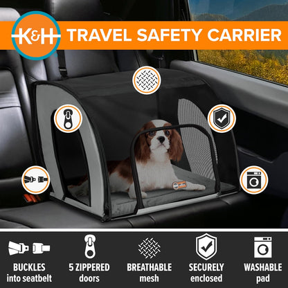 K&H Pet Products Enclosed Dog Car Seat, Travel Safety Carrier for Pets, Dog Travel Car Seat, Soft-Sided Covered Cat Carrier, Washable Pad, Multiple Entrances, Mesh Windows - Medium 24 X 19 X 17in