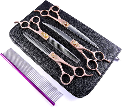 Fenice Peak 8‘’ Professional Dog Grooming Scissors Set Rose Gold 440C Stainless Steel Straight Thinning Curved Chunker Shears 4pcs Set for Pet Grooming Services Dogs and Cats