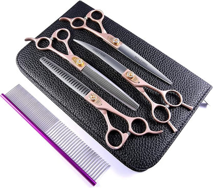 Fenice Peak 7‘’ Professional Dog Grooming Scissors Set Rose Gold 440C Stainless Steel Straight Thinning Curved Chunker Shears 4pcs Set for Pet Grooming Services Dogs and Cats