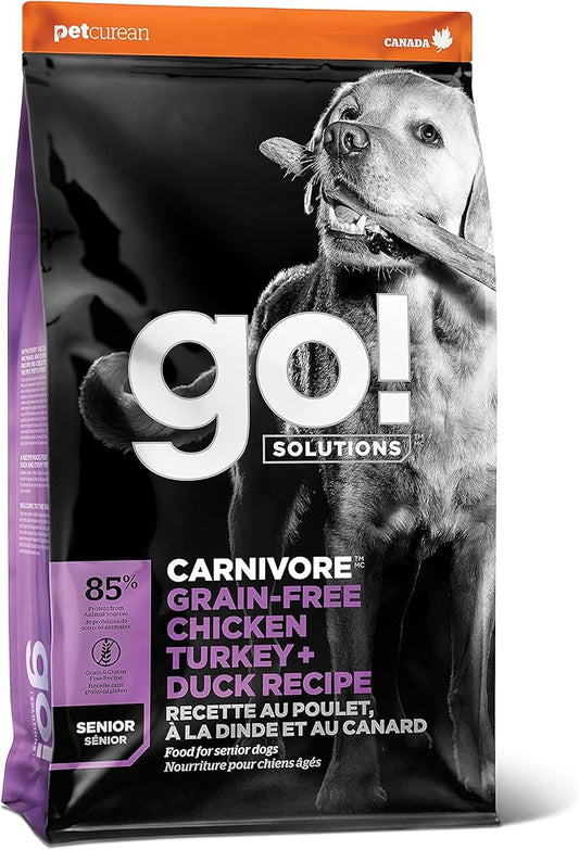 Go! Solutions Carnivore, Grain-Free, Protein Rich Dry Dog Food, Chicken, Turkey and Duck Senior Recipe, 12 lb Bag