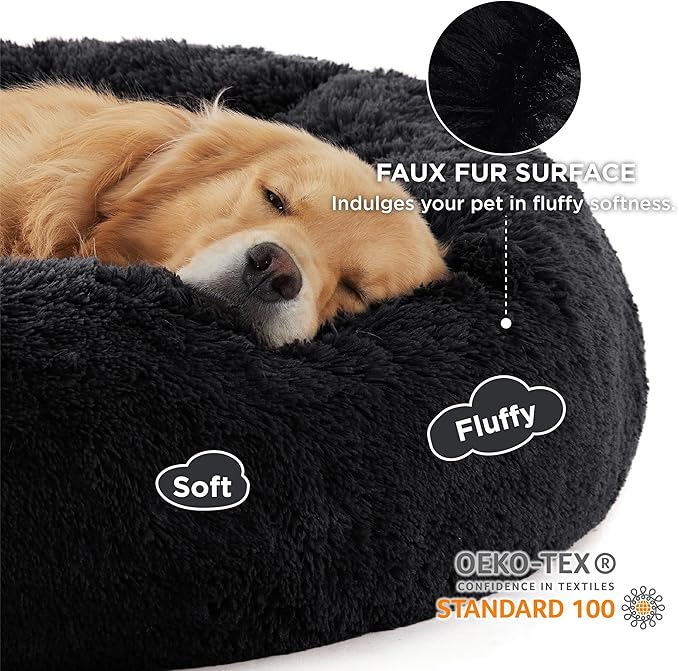 Bedsure Calming Dog Bed for Extra Large Dogs - Donut Washable Large Pet Bed, 45 inches Anti-Slip Round Fluffy Plush Faux Fur Dog Bed, Fits up to 120 lbs Pets, Black