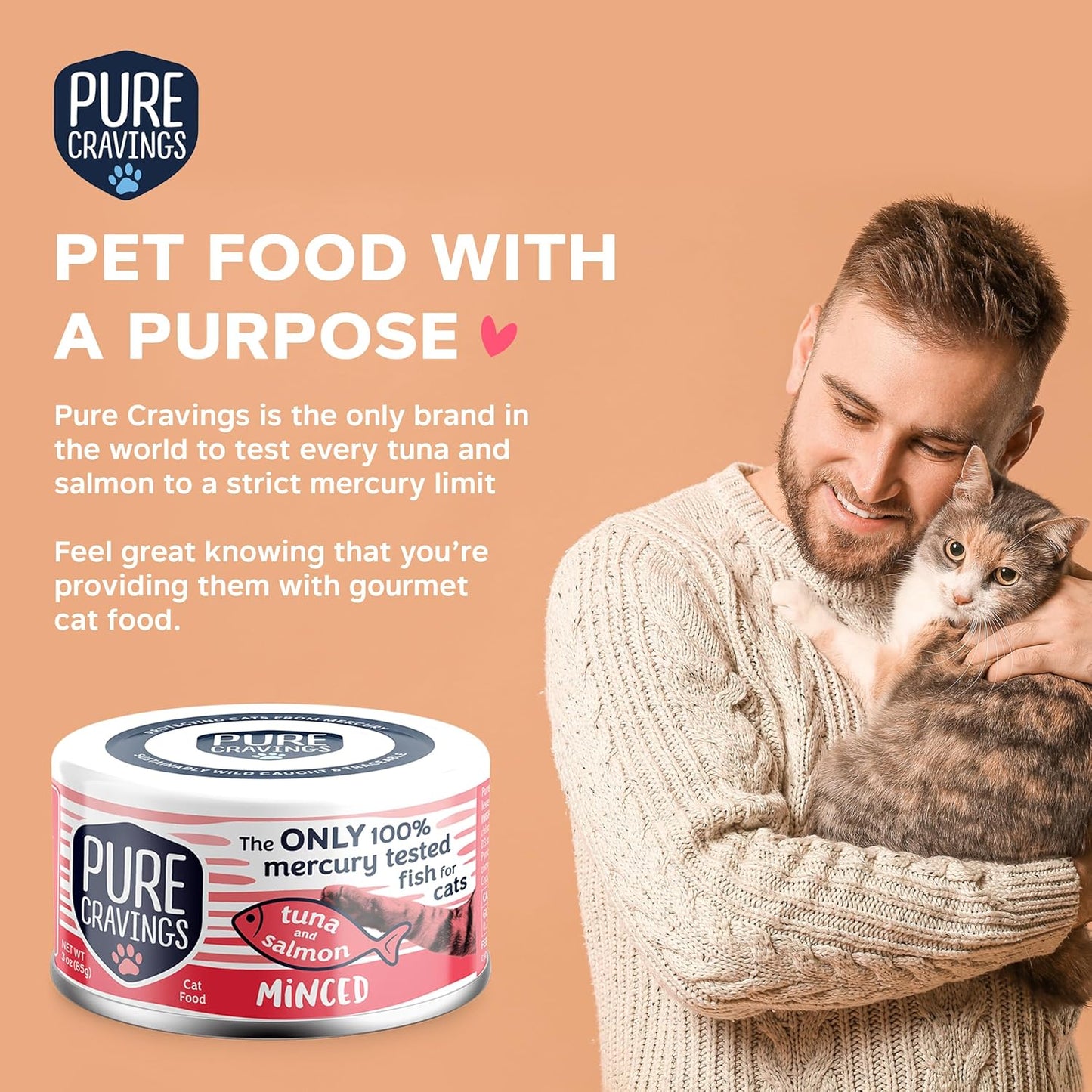 Pure Cravings Minced Tuna and Salmon Wet Canned Cat Food, 100% Mercury-Tested, Moist Can Fish for Cats, Grain-Free, Protein, Non-GMO, 3oz, Pack of 12