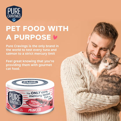 Pure Cravings Minced Tuna and Salmon Wet Canned Cat Food, 100% Mercury-Tested, Moist Can Fish for Cats, Grain-Free, Protein, Non-GMO, 3oz, Pack of 12