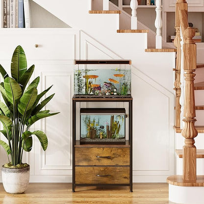 10 Gallon Aquarium Stand with 2-Tier Shelf Fish Tanks Stand with 2 Drawers Metal Frame Heavy Duty Reptile TurtleTank Stand with Storage for Home Offic Fish Tank Accessories Storage, Brown