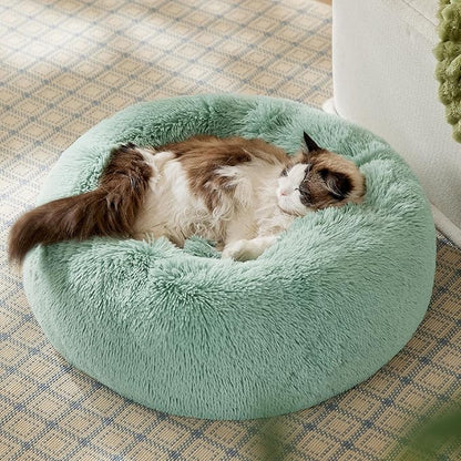 Bedsure Calming Cat Beds for Indoor Cats - Small Cat Bed Washable 20 inches, Anti-Slip Round Fluffy Plush Faux Fur Pet Bed, Fits up to 15 lbs Pets, Garden Green