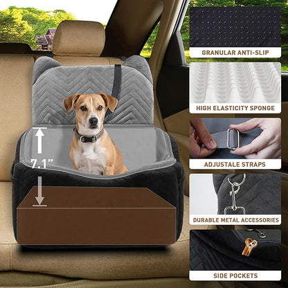 Dog Car Seat for Small Medium Dog up to 30 lbs with Waterproof PU Cover Pet Car Booster Seat with Memory Foam for Travel, Black, 2 Safety Belt