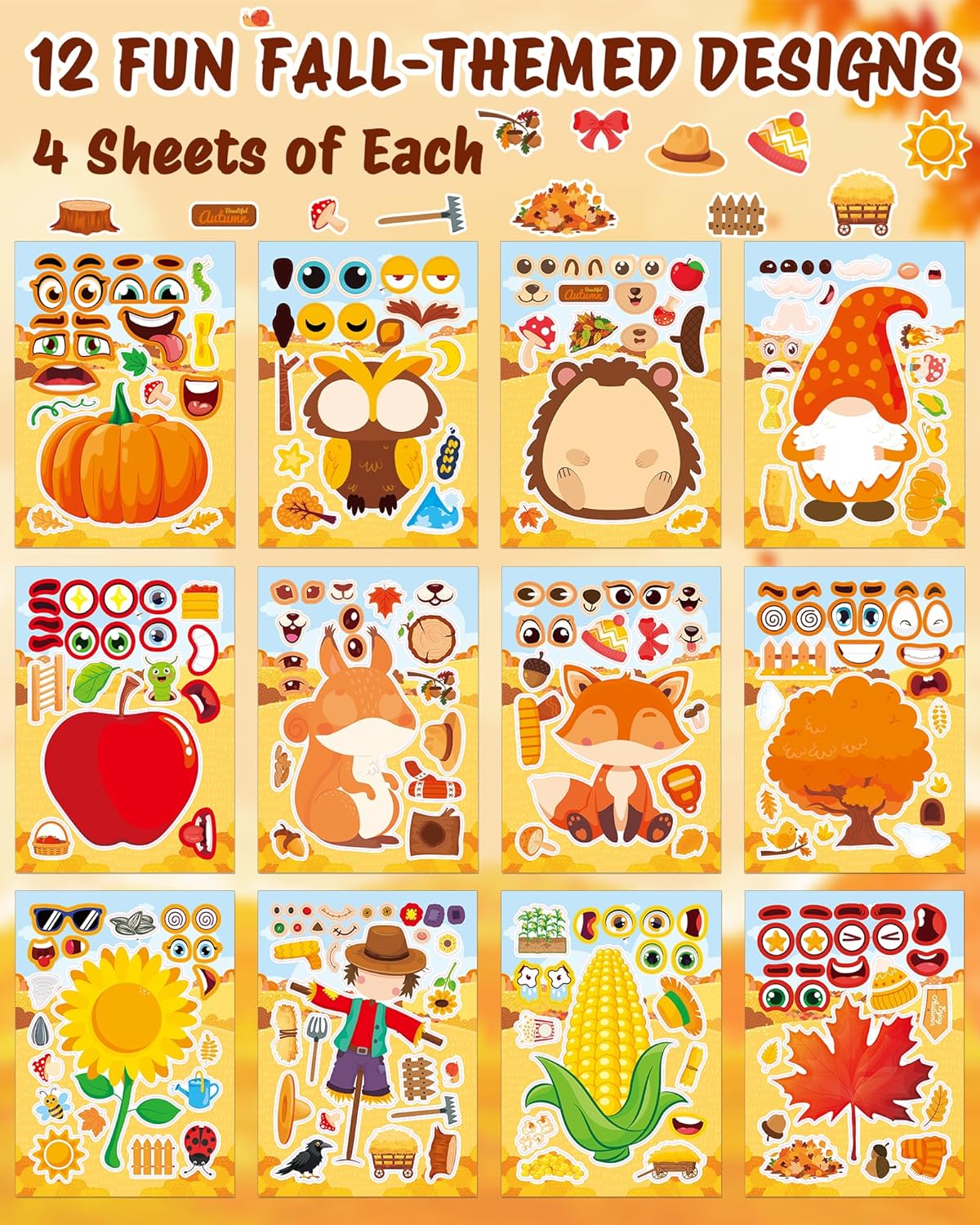Aowplc 48 Sheets Fall Make a Face Stickers, 12 Designs Fun Fall Crafts for Kids, Autumn Festival Party Favors, Classroom Activities & Games