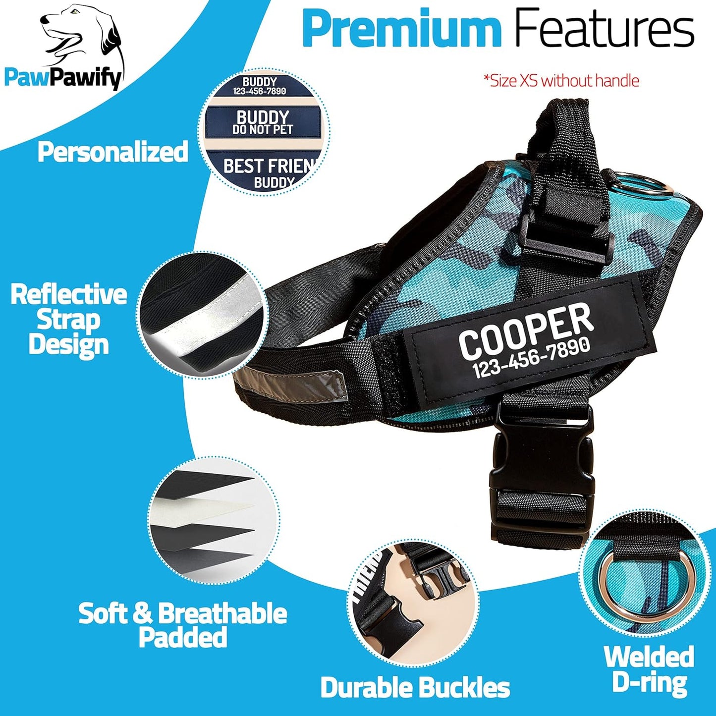 PawPawify Custom No Pull Dog Harness with Name and Phone Number, Heavy Duty Personalized Pet Vest to Prevent Tugging, Pulling, or Choking, Training and Walking (Camouflage Blue, XL (Chest 28-35in))