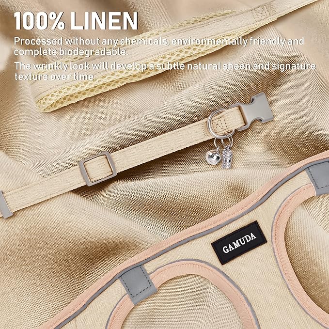 GAMUDA Small Pet Harness Collar and Leash Set, Step in No Chock No Pull Linen Fabric Soft Mesh Dog Vest Harnesses Reflective for Dogs Puppy Cats Kitten Rabbit (Khaki, XXS)