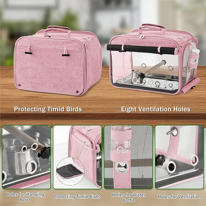 Suertree Bird Carrier Airline Approved, Bird Travel Cage with Indestructible Stainless Steel Mesh, Bird Travel Bag Lightweight and Portable with Water Bottle and Bowl