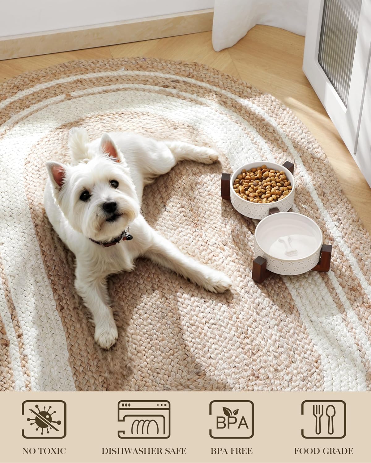 MALACASA Dog Bowl Set with Walnut Wood Stand, 1.5 Cups Ceramic Pet Bowls for Puppy Dogs, Dual Food and Water Bowls with Non-Slip Base, Basic Bowls for Your Dog or Cat, Five-Leaf Grass & Honeycomb