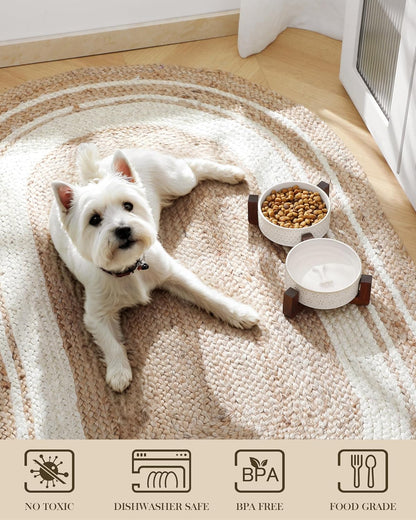 MALACASA Dog Bowl Set with Walnut Wood Stand, 1.5 Cups Ceramic Pet Bowls for Puppy Dogs, Dual Food and Water Bowls with Non-Slip Base, Basic Bowls for Your Dog or Cat, Five-Leaf Grass & Honeycomb