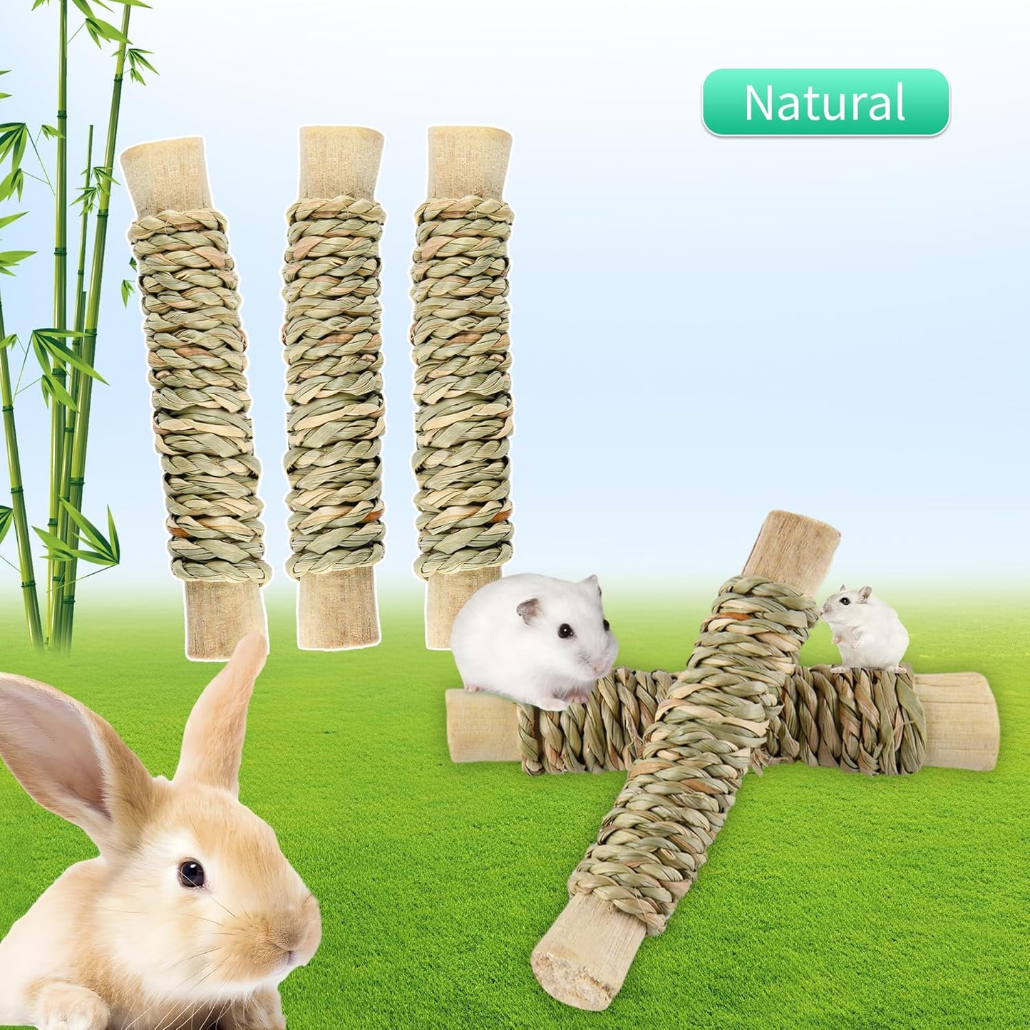 Rabbit Chew Sticks 5pcs, Natural Seagrass Sweet Bamboo Molar Sticks Toys for Bunny Guinea Pig Chinchilla Hamster