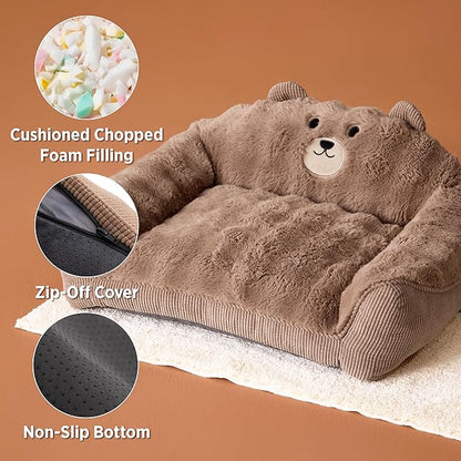 LE SURE Cute Cat Couch for Pets - Fluffy Original Bear Design Cat Beds for Indoor Cats, Fuzzy Cats Sofa with Removable Washable Cover, Supportive Pet Chair, 24inch, Brown