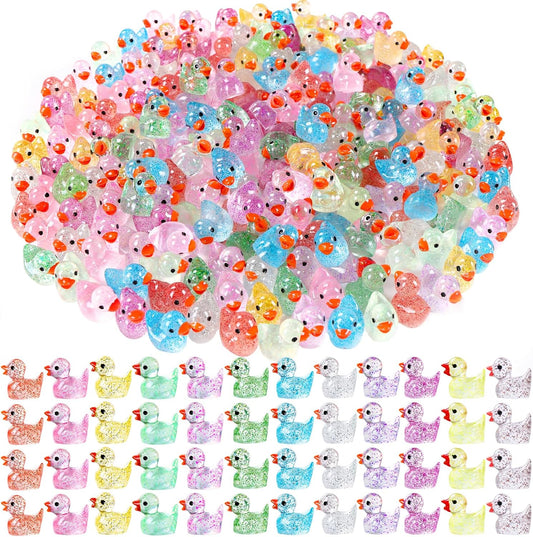 200pcs Mini Glitter Ducks 12 Colors Tiny Small Little Resin Duck to Hide Animal Figures for Dollhouse Micro Garden Landscape Decoration Craft Party Favors Toys