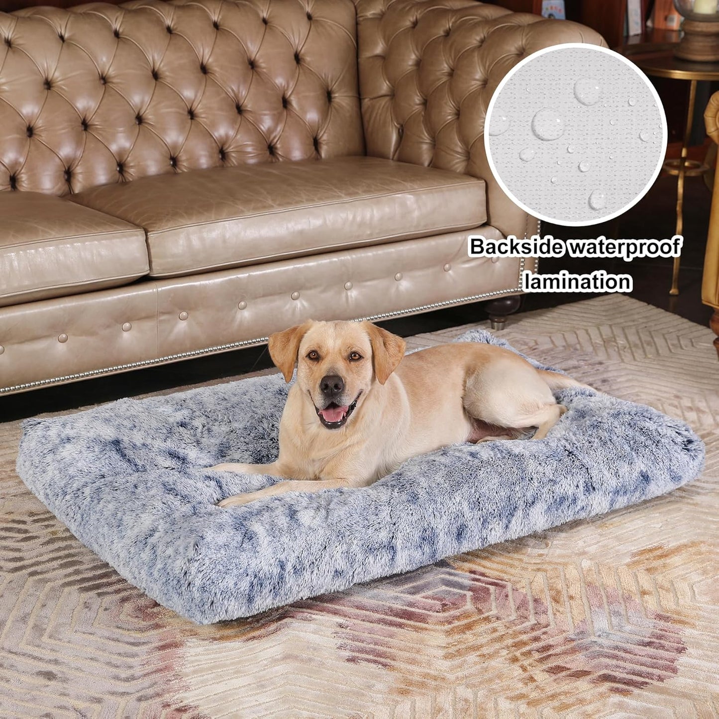 Bedfolks Plush Waterproof Dog Crate Bed, XXL Faux Fur Kennel Pad, 47"x29", Dark Blue