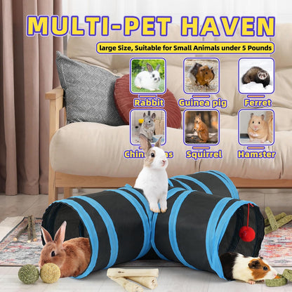 Bunny Tunnels & Tubes Collapsible 3 Way Rabbit Hideout with 13pcs Toys for Bunny Guinea Pig Hamster Chinchilla Hedgehog Rat Ferret Kitten (BK&BU)