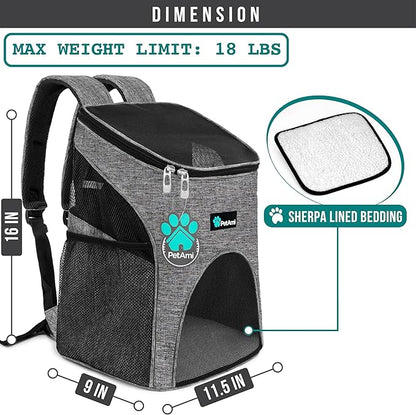 PetAmi Small Dogs and Cat Backpack Carrier, Airline Approved Pet Backpack Carrier, Ventilated, Safety Strap, Buckle Support Designed for Hiking Travel Camping Outdoor, Max 18 lbs (Heather Gray)