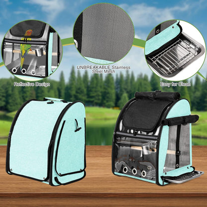 Sanmoncare Bird Carrier Backpack with Stainless Steel Mesh, Parrot Travel Cage with Stand, Easy to Clean, Portable Conures Travel Bag, Pet Breathable Travel Cage