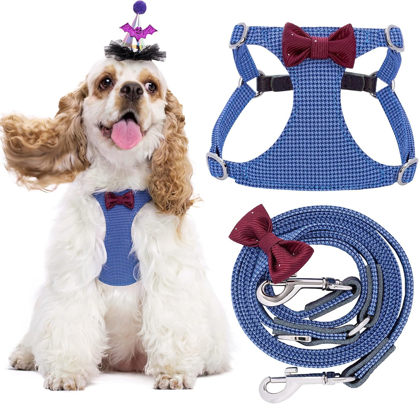 Puppytie No Pull Dog Harness with Multifunction Dog Leash,Soft Adjustable No Choke Escape Proof Pet Harness Vest for Medium Dogs,Plaid Blue,M