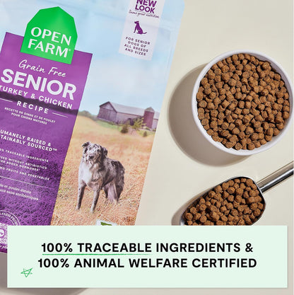 Open Farm, Grain-Free Dry Dog Food for Senior Dogs, Complete & Balanced Kibble to Support Joints & Mobility, Sustainably & Ethically Sourced Ingredients, Chicken & Turkey Recipe for Seniors, 22lb Bag