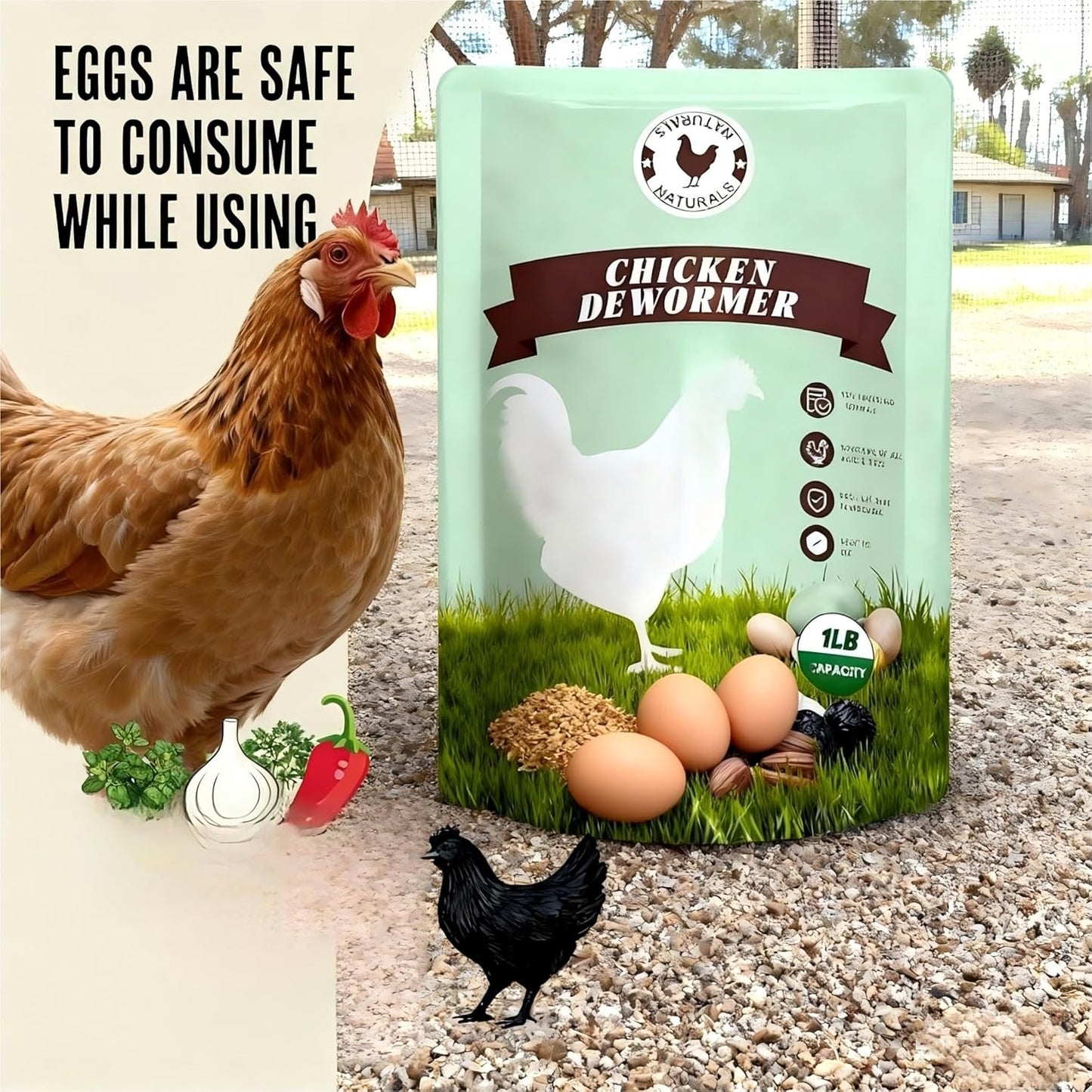 Natural Chicken Dewormer Powder - Chili Flavor | All-Natural Poultry Worm Treatment for Hens & Birds | Easy-Mix Feed Supplement | Safe for Eggs | No Withdrawal (1LB Pouch)
