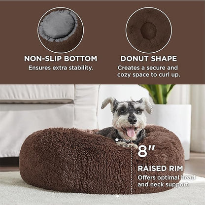 Bedsure Calming Dog Bed for Small Medium Dogs - Donut Washable Medium Pet Bed, 27 inches Anti-Slip Round Fluffy Plush Faux Fur Cat Bed, Coffee