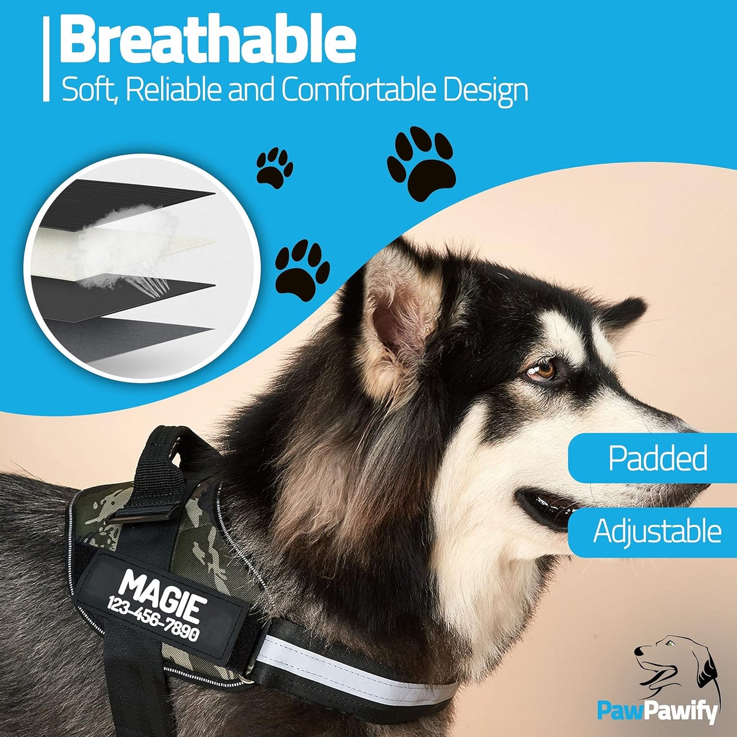 PawPawify Custom No Pull Dog Harness with Name and Phone Number, Heavy Duty Personalized Pet Vest to Prevent Tugging, Pulling, or Choking, Training and Walking (Camouflage Green, L (Chest 23-30in))