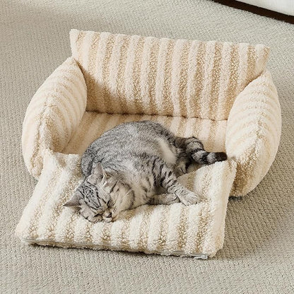 Hollypet Cat Bed Fluffy Plush Mutifuctional Double-Layer Soft Pet Couch Orthopedic Sofa Nest Beds for Small Cats and Dogs, Beige (21x15x8 inch)