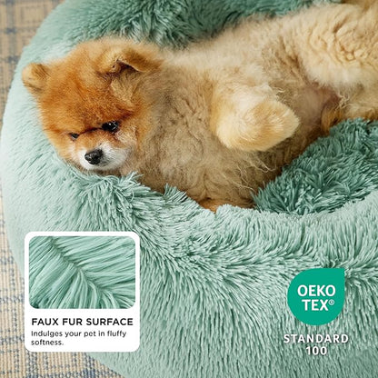 Bedsure Calming Dog Bed for Small Dogs - Donut Washable Small Pet Bed, 23 inches Anti-Slip Round Fluffy Plush Faux Fur Large Cat Bed, Fits up to 25 lbs Pets, Apple Green