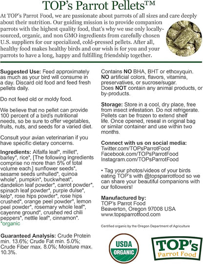 TOP's Parrot Food Mini Pellets Bird Food for Budgies, Cockatiels, Parrotlets, Lovebirds, Parakeets - USDA Certified Organic - 25 lbs