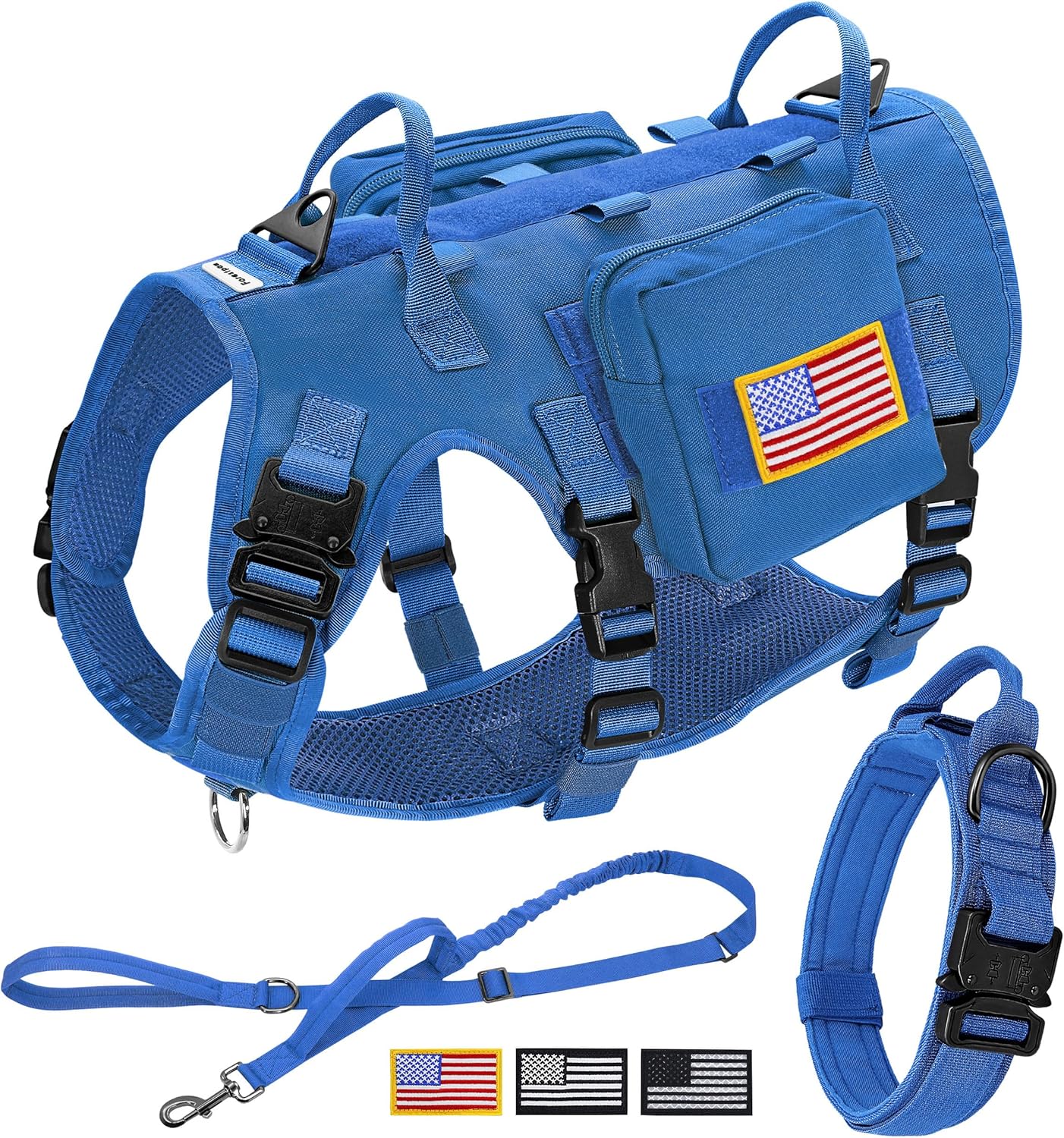 Forestpaw Tactical Dog Harness for Large Dogs,Tactical Dog Collar with Bungee Leash Set,No Pull Military Dog Harness for Walking Training,Adjustable for Medium Large Dogs,Blue,Chest 15.5-25.5"