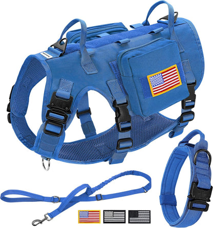 Forestpaw Tactical Dog Harness for Large Dogs,Tactical Dog Collar with Bungee Leash Set,No Pull Military Dog Harness for Walking Training,Adjustable for Medium Large Dogs,Blue,Chest 15.5-25.5"