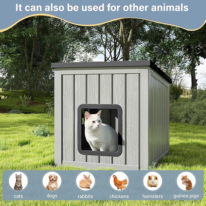 Outdoor Cat House, Cat Houses for Outdoor Indoor Cats, Clawsable Cat House Weatherproof, Feral Cat Shelter, Resin Insulated Material, Emergency Exit Easy to Clean and Install, Black