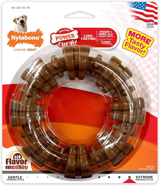 Nylabone Textured Ring Power Chew Toy for Large Dogs, Durable Dog Toys for Aggressive Chewers, Strong Dog Chew Bones To Keep Them Busy, Flavor Medley, X-Large - 50+ lbs, 1 Count