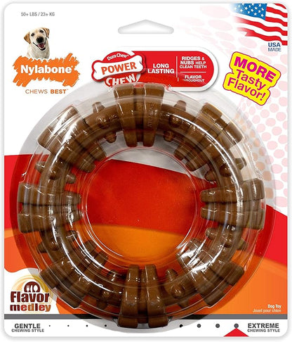 Nylabone Textured Ring Power Chew Toy for Large Dogs, Durable Dog Toys for Aggressive Chewers, Strong Dog Chew Bones To Keep Them Busy, Flavor Medley, X-Large - 50+ lbs, 1 Count