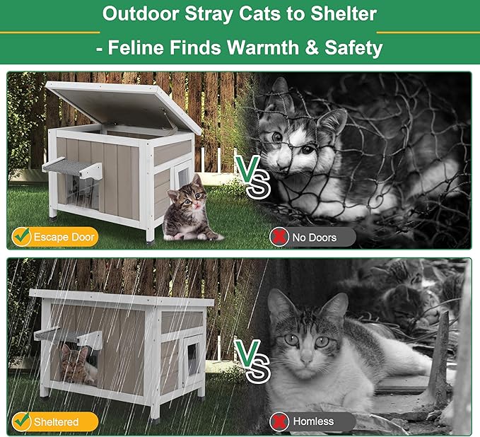 Outdoor Cat House for Feral Cats Weatherproof Cat Shelter Wooden Pet Small Houses Indoor Cat Condo with Escape Door & Openable Asphalt Roof to Enhanced Safety, Simple Assembly