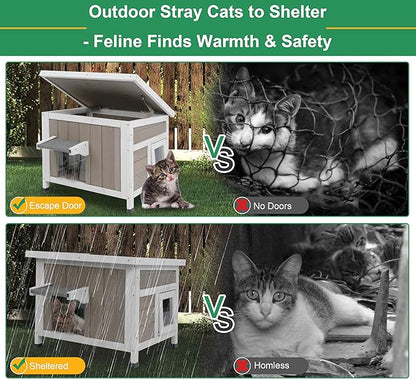 Outdoor Cat House for Feral Cats Weatherproof Cat Shelter Wooden Pet Small Houses Indoor Cat Condo with Escape Door & Openable Asphalt Roof to Enhanced Safety, Simple Assembly