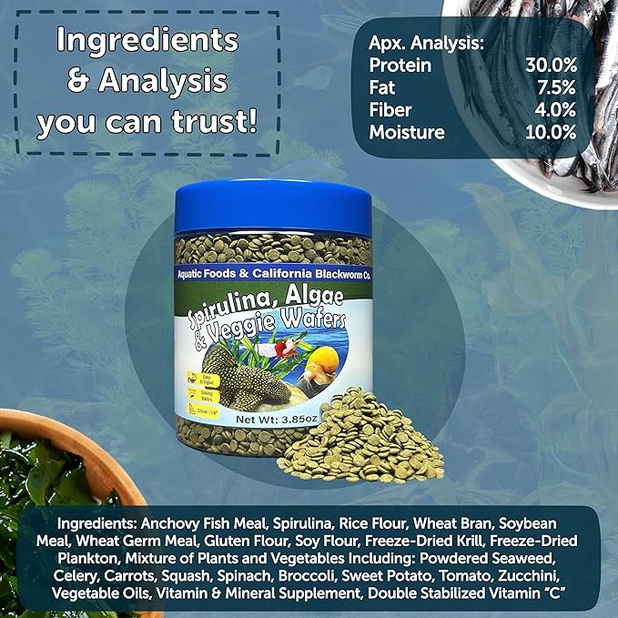 Aquatic Foods Inc. 8mm - 1/3" Small Sinking Wafers of Spirulina, Algae for Bottom Fish, Plecos, Catfish, Shrimp, Snails, Crabs & Tropicals. 4-Type Wafer & 12-Type Pellet Mix Included..5oz Canister
