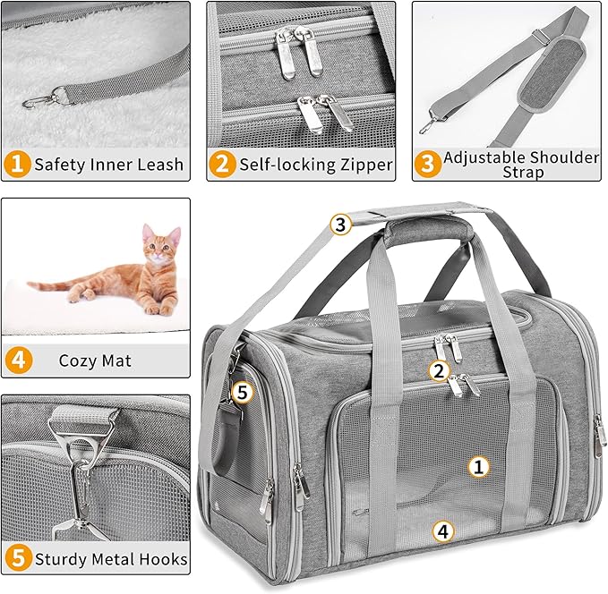 Soft-Sided Cat/Dog/Pet Carrier, Collapsible Pets Travel Carriers for Big Cats/Small Dogs with Shoulder Strap & Removable Mat, Mesh Puppy Carry Bag, Up to 25 Lbs(Gray)
