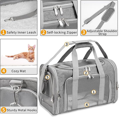 Soft-Sided Cat/Dog/Pet Carrier, Collapsible Pets Travel Carriers for Big Cats/Small Dogs with Shoulder Strap & Removable Mat, Mesh Puppy Carry Bag, Up to 25 Lbs(Gray)