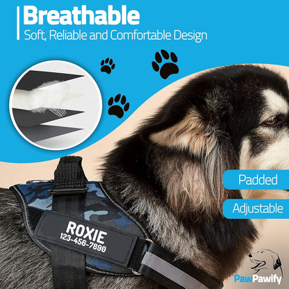 PawPawify Custom No Pull Dog Harness with Name and Phone Number, Heavy Duty Personalized Pet Vest to Prevent Tugging, Pulling, or Choking, Training and Walking (Camouflage Navy, XS (Chest 14-17in))