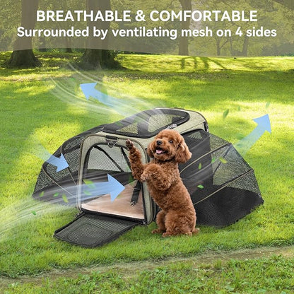 Petsfit Expandable Cat Dog Carrier Airline Approved, 17" L x 11" W x 11" H Soft-Sided Portable Pet Travel Carrier for Kitten, Puppy, Removable Soft Plush Mat and Pockets, Auto-Locking Zippers