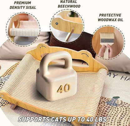 Sisal Cat Scratcher Lounger Bed for Large Indoor Cats – Wooden Cat Scratch Pad, Durable Recliner Chair, Stylish Fluffy Couch, 2-in-1 Scratcher & Lounger with Hammock (Large)