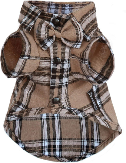 Soft Casual Dog Plaid Shirt,Dog Cotton Shirt with Bow Tie for Wedding,Christmas Costumes (Medium, Dark Khaki)
