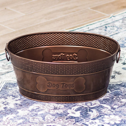 BREKX Indestructible Metal Dog Toy Bin - Copper Galvanized Storage Bin with Handles, Pet Storage Organizer - Ropes, Blankets, & Leashes, Bone Design Pet Toy Box (15-Quart)